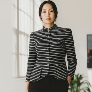 Ralph Lauren Blue Label Mandarin Collar Black and White Striped Jacket Size 6